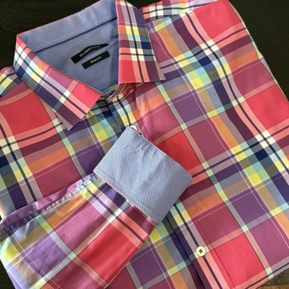 Bugatchi‎ Dress Shirt Mens XL Madras Plaid Flip Cuff Button Shaped Fit